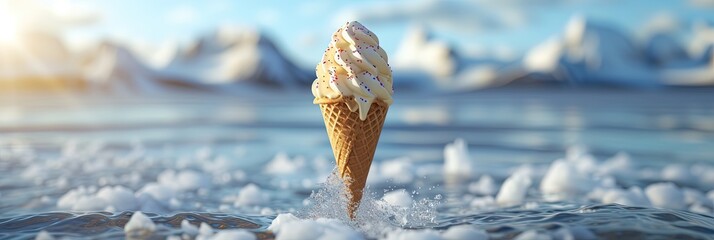 melting ice cream cone with icy background