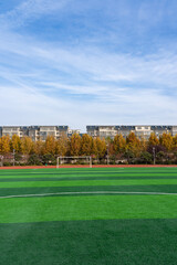 In the school yard:a football field and school building.