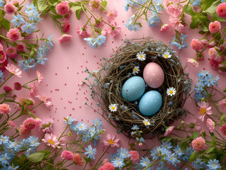 Fototapeta na wymiar Easter eggs in a nest with flowers on a pink background.