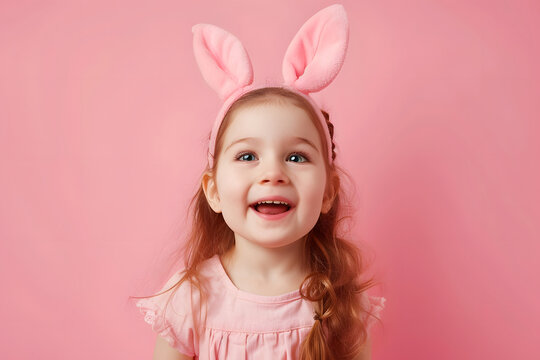 Cute little girl with Easter bunny ears on a pink background.