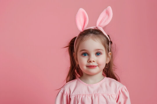 Portrait of a beautiful little girl with bunny ears on a pink background