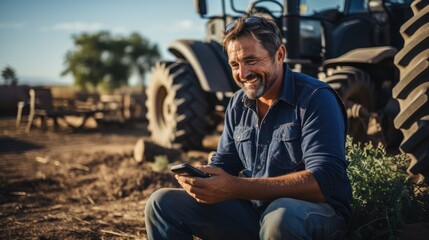 Portrait of smiling farmer using smartphone and tractor at harvesting - obrazy, fototapety, plakaty