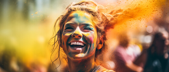 Enjoying Holi festival a woman's face shows happiness with paint