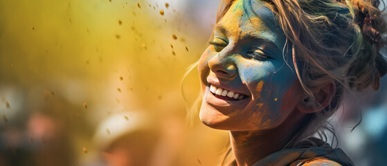 A happy woman enjoys Holi festival with colorful paint on her face - Powered by Adobe