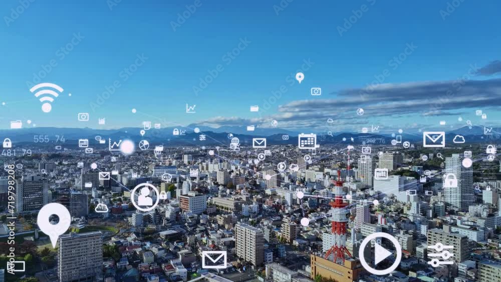 Poster modern city drone point of view and digital technology concept. smart city. internet of things. iot.