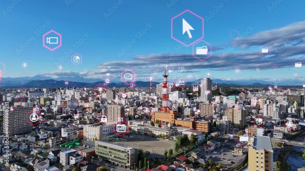Poster modern city drone point of view and digital technology concept. smart city. internet of things. iot.