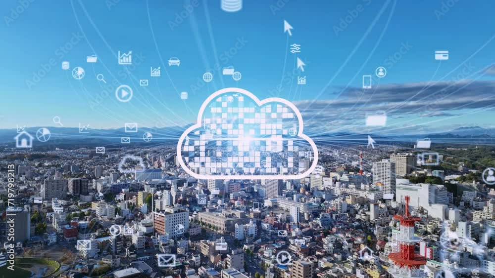 Poster modern city drone point of view and cloud computing concept. smart city. internet of things. iot.
