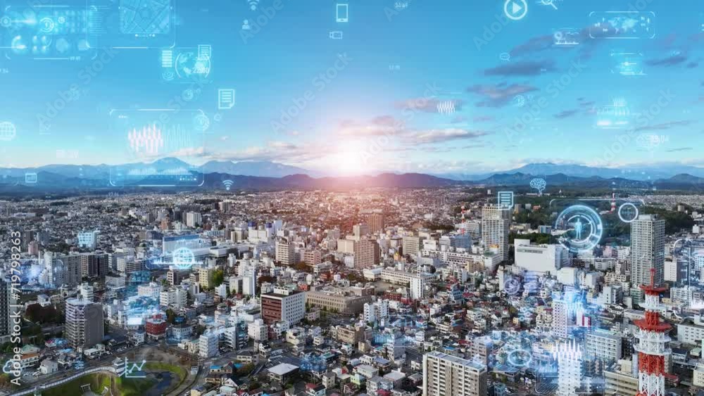 Poster modern city drone point of view and digital technology concept. smart city. internet of things. iot.
