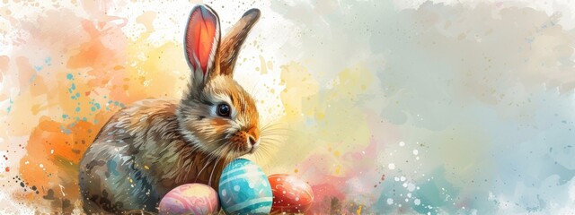 A dynamic illustration of a brown rabbit with a colorful, abstract backdrop, blending vibrant splashes of paint with the subject. - obrazy, fototapety, plakaty