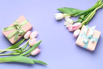 Beautiful tulips and gift boxes on purple background. International Women's Day