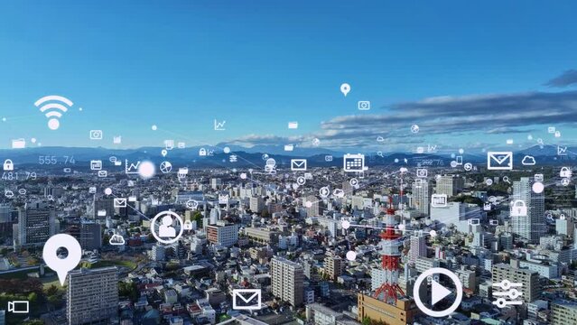 Modern city drone point of view and digital technology concept. Smart city. Internet of Things. IoT. 