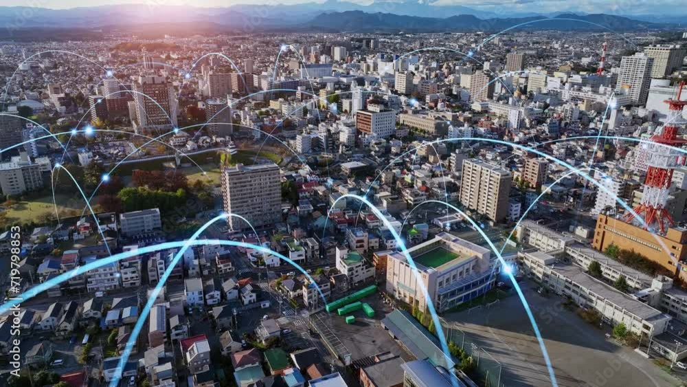 Poster modern city drone point of view and communication network concept. smart city. internet of things. i