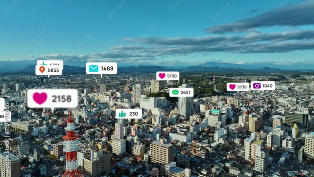 Poster Modern city drone point of view and social networking service concept.