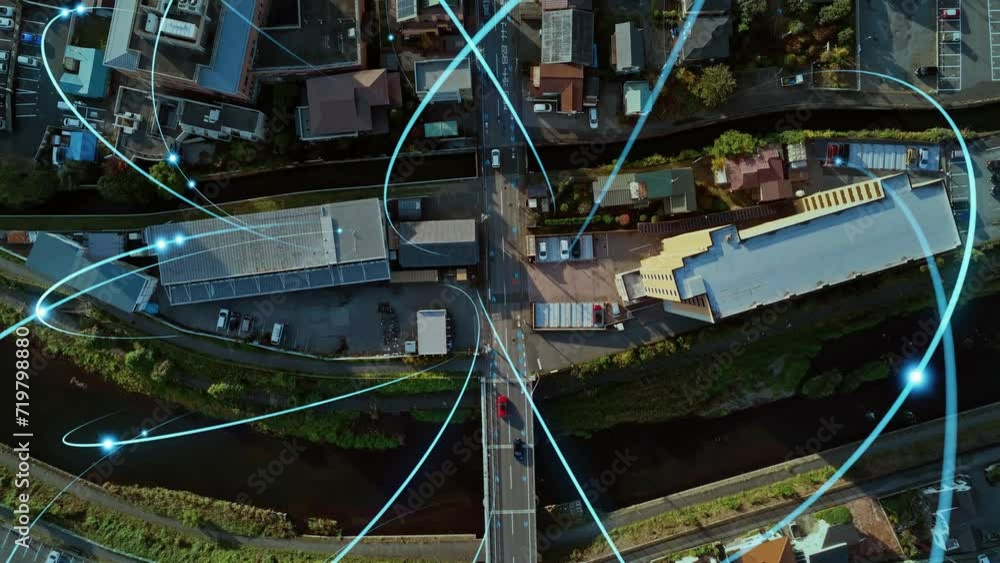 Poster Modern city drone point of view and communication network concept. Smart city. Internet of Things. IoT. 