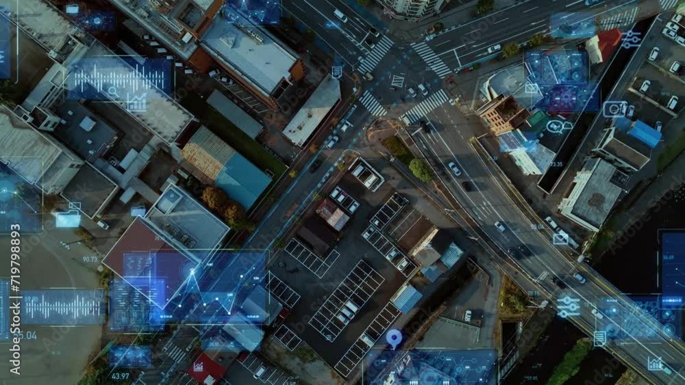 Aufkleber modern city drone point of view and digital technology concept. smart city. internet of things. iot.