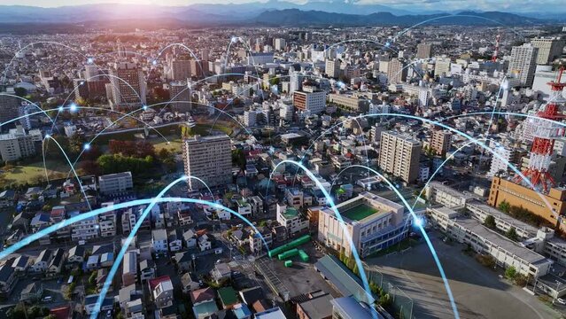 Modern city drone point of view and communication network concept. Smart city. Internet of Things. IoT. 