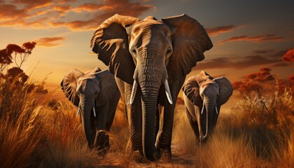 A family of elephants walking through a grassland