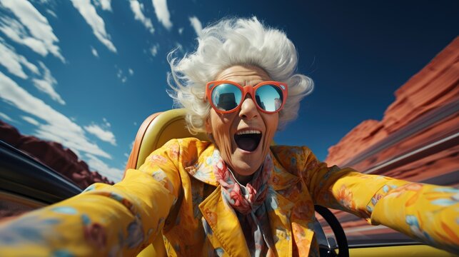 Funny crazy grandmother driving car with facial expression