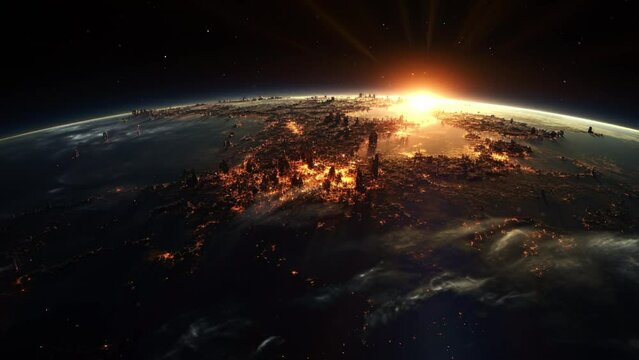 Sunrise Over The Earth. Globe with City Night Lights. View Of Planet Earth From Space. 