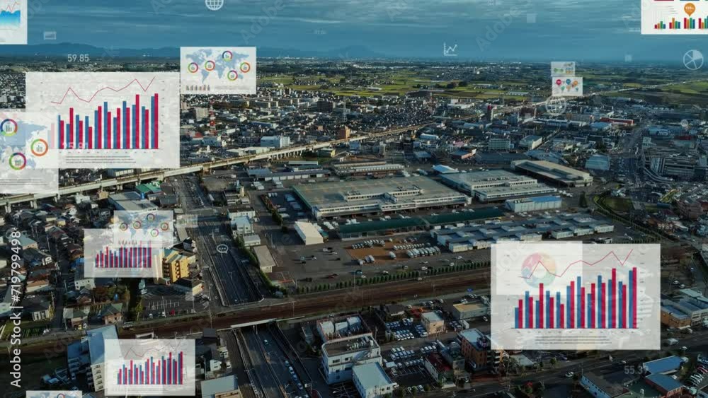 Poster modern city drone point of view and statistics data concept. management strategy. financial technolo
