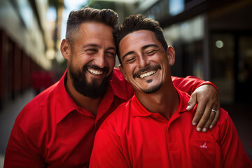 Embracing Diversity: Proud Interracial Gay Couple, Smiling and Happy, Celebrating Love and Togetherness Outdoors