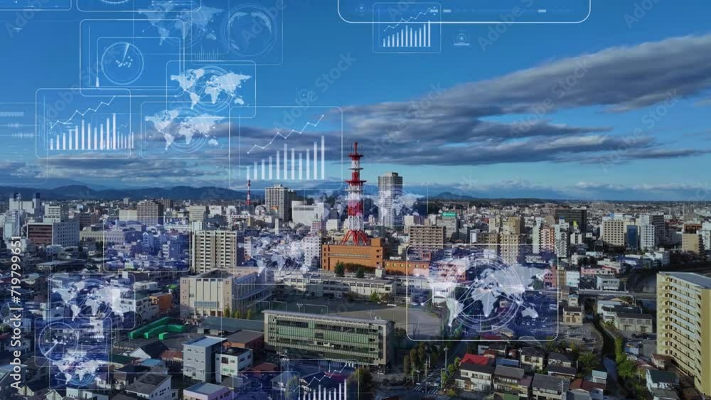 Aufkleber modern city drone point of view and digital technology concept. smart city. internet of things. iot.