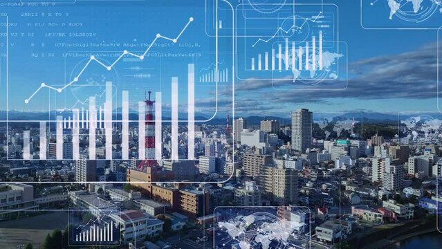 Modern city drone point of view and digital technology concept. Smart city. Internet of Things. IoT. 