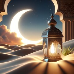 Photo a lantern in the desert with a crescent moon in the background