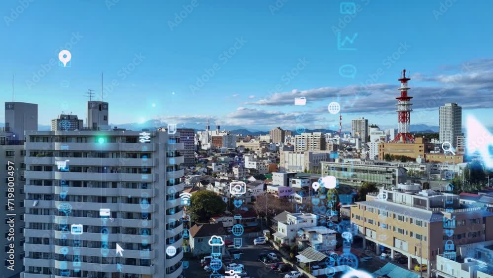 Poster modern city drone point of view and digital technology concept. smart city. internet of things. iot.