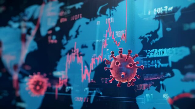 Red virus models and data visualization floating over a world map background, symbolizing the spread of infectious diseases and their global expansion.
