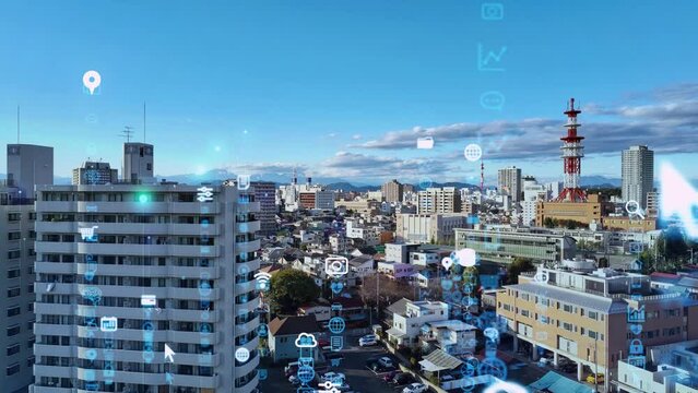 Modern city drone point of view and digital technology concept. Smart city. Internet of Things. IoT. 