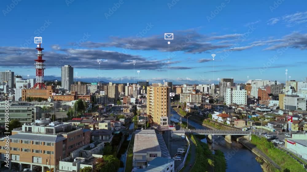 Aufkleber modern city drone point of view and communication network concept. smart city. internet of things. i