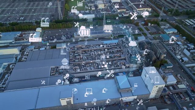 Modern industrial area drone point of view and digital technology concept. Industrial Internet of Things. IIoT. Factory automation. Smart Factory. 
