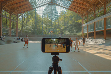 taking photo for social networks  Make a video blog about sports. - obrazy, fototapety, plakaty