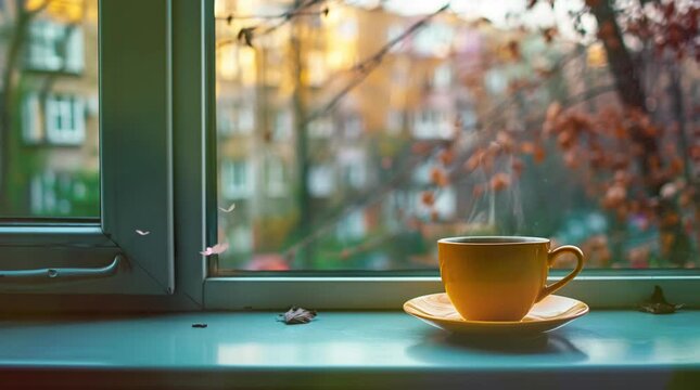 cup of coffe by the window on autumn Seamless looping 4k time-lapse virtual video animation background. Generated AI
