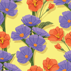 Seamless pattern of purple and orange flowers, Yellow tone background, Modern floral pattern vector, Vintage floral background, Pattern for design wallpaper, Gift wrap paper and fashion prints.