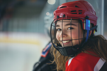 Female ice hockey player on the arena bench during a game