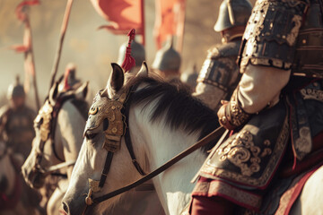 Close-up Ancient Chinese soldiers rode horses to lead troops in war - obrazy, fototapety, plakaty