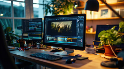 Naklejka premium The Freelance desktop with laptop computer and monitor review for editor work with content video