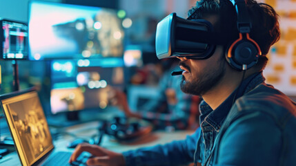 Content creators wear VR goggles to edit video footage on the laptop