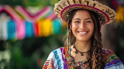 Foto op Canvas Beautiful Mexican woman smiling wearing Mexican Hat in the traditional dress © EmmaStock