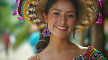 Beautiful Mexican woman smiling wearing Mexican Hat in the traditional dress