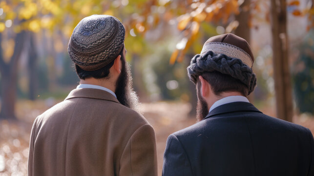 Back side Two Jewish male wearing skull cap and talking