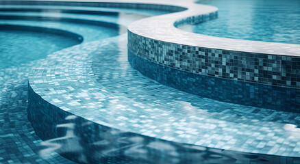Curved lines of a tranquil blue mosaic-tiled pool reflect the calmness of still water.