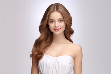 A 3D rendering of a young woman, adorned in a white dress, graces the frame with a radiant smile against a clean light gray grey white background, exuding simplicity and charm. Generative AI.