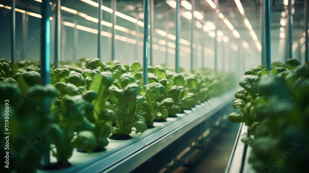Poster in a hightech greenhouse, rows of nutrientrich crops sprout from tall vertical towers, utilizing inn