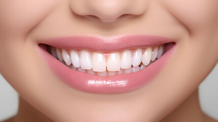 Beautiful female smile after teeth whitening procedure. Dental care, on white background