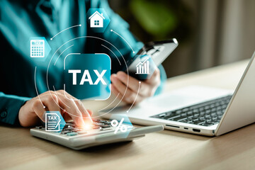 E-Filing, E-TAX, Taxpayer using a laptop to file taxes personal income, Tax Return form online for tax payment. Government, state taxes. Data analysis, paperwork, reports. Calculation tax return. - obrazy, fototapety, plakaty