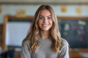 Fototapeta premium Woman Preschool Teacher, Educator at the Blackboard in a Classroom for Young Children, Dynamic and Intelligent Teacher, Workplace Equality on Women's Day