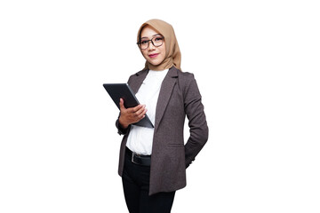 Hijab muslim business woman with tablet isolated transparent